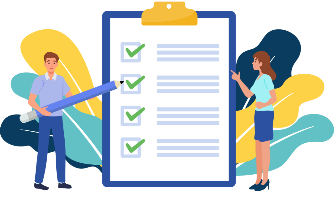 Cartoon man and woman look at checklist and mark off items completed.