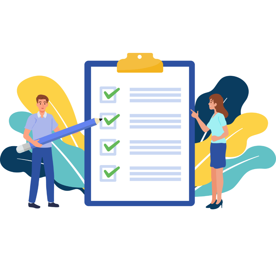 Cartoon man and woman look at checklist and mark off items completed.